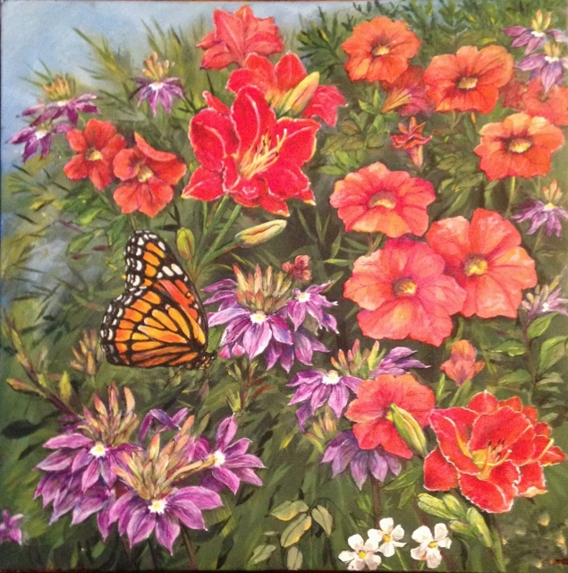 Lilies and Petunias Garden Painting