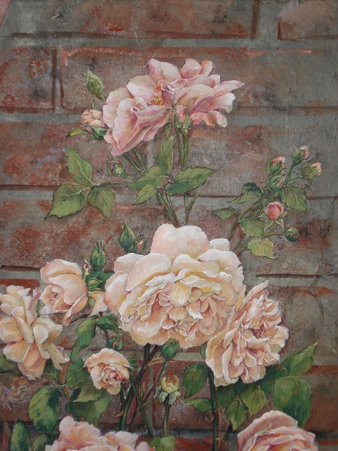 Peach Roses on Slate with Brick Wall