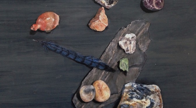 Stones and Feathers on a Bench