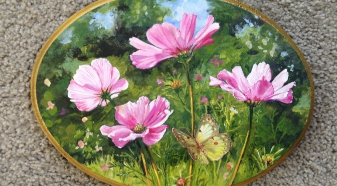 Cosmos in the Sun with a Green Butterfly
