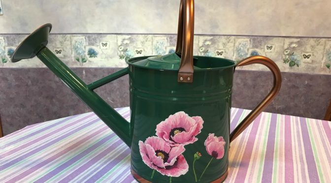 Pink Poppies on Forest Green Watering Can